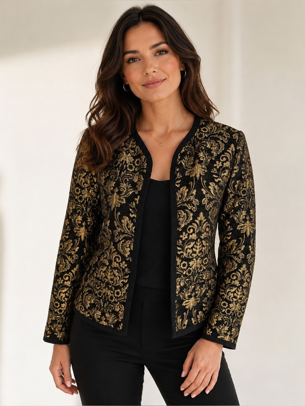 Black Gold Brocade Open Front Jacket Baroque Formal Evening Statement Top